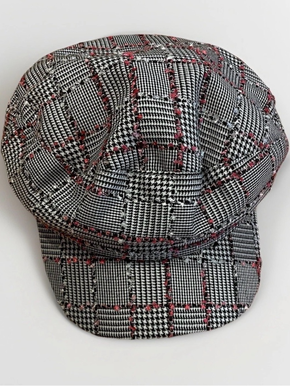Y2K Juicy Couture Black & White Glen Plaid Newsboy Cap with Pink Stitching